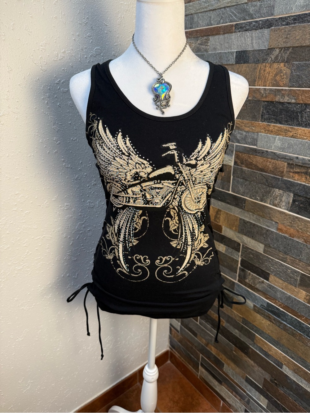 Black Sleeveless Tank Top with Rhinestones Motorcycle Wing Print Side Ties NWOT